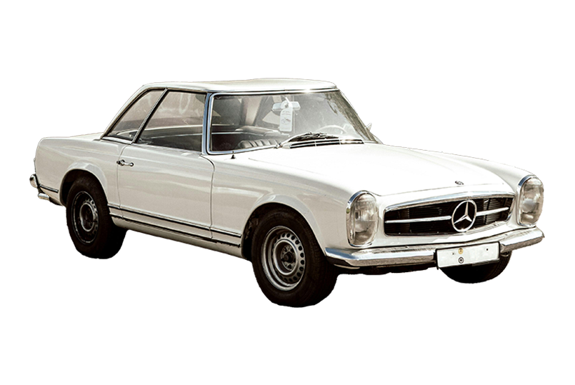 Oldtimer Weißer Mercedes-Benz SL, klassisches Coupé, mit elegantem Design und sportlichen Linien.