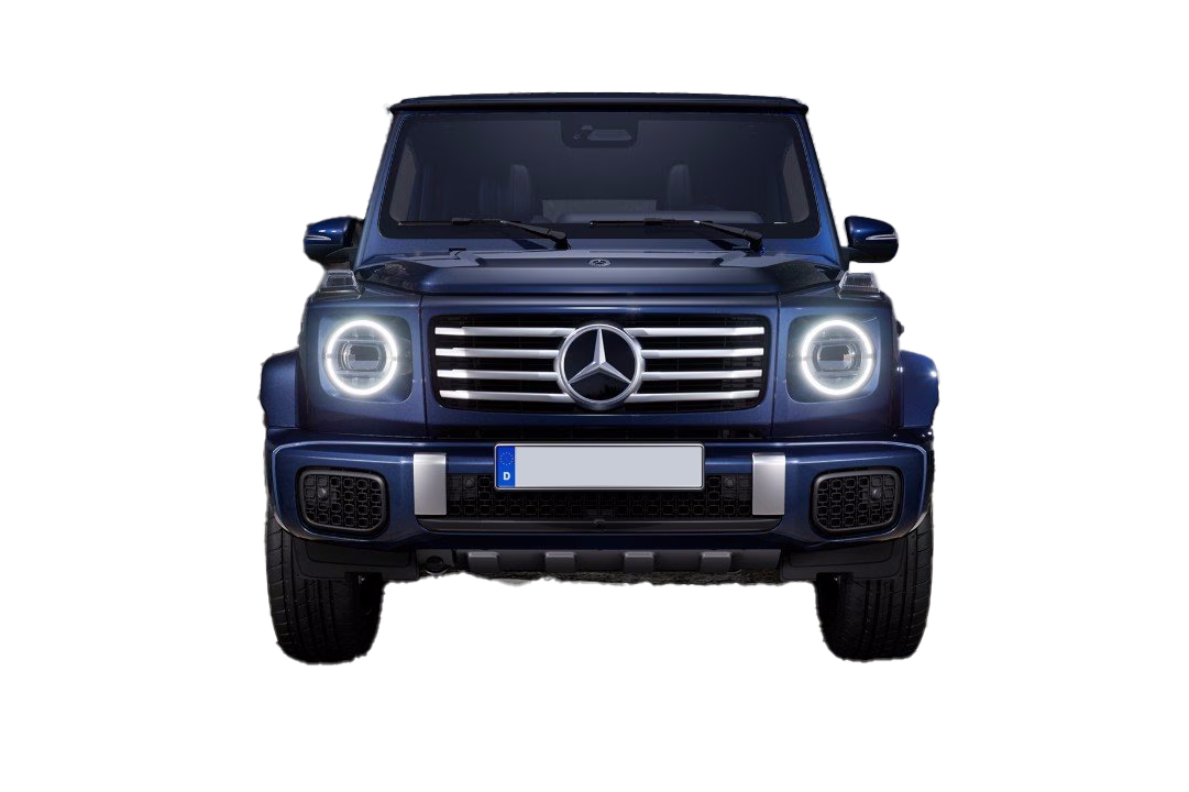Luxus Wagen Dunkelblauer Mercedes G-Klasse SUV mit charakteristischen Scheinwerfern und Schriftzug.