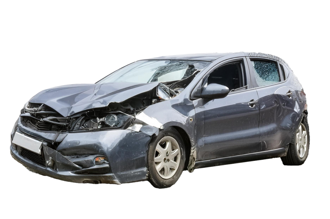 Unfallwagen Ein graues Auto mit frontaler Beschädigung und Dellen an der Karosserie.